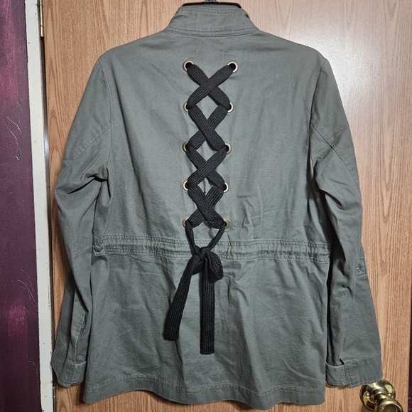 Democracy Womens Military Boho Jacket Studded Cargo Lace Back 100% Cotton! - Picture 4 of 8